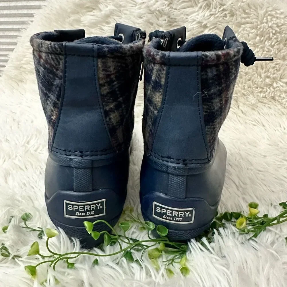 SPERRY Saltwater Wool Plaid Blue Duck Winter Rain‎ Ankle Boots Side Zip sz 8 NEW